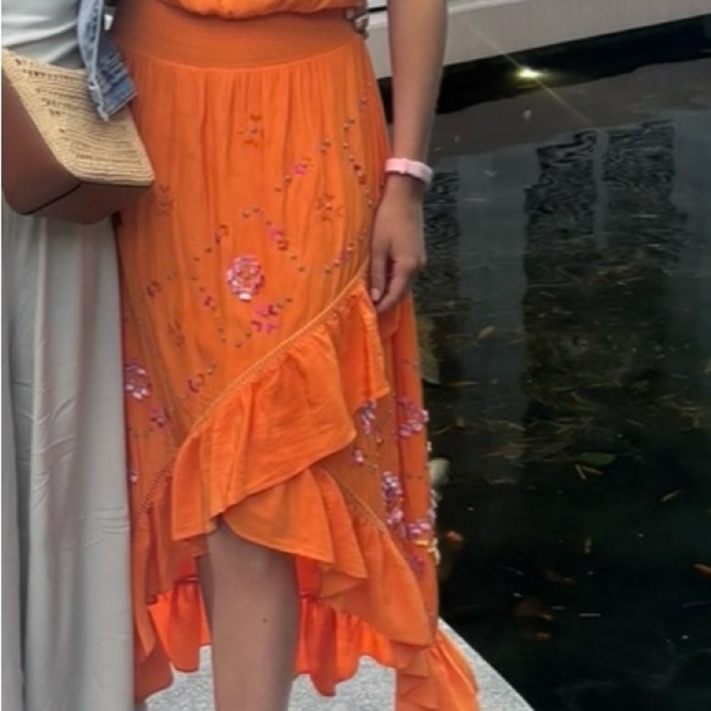 Ramy Brook Orange Midi Ruffled Strapless Dress.